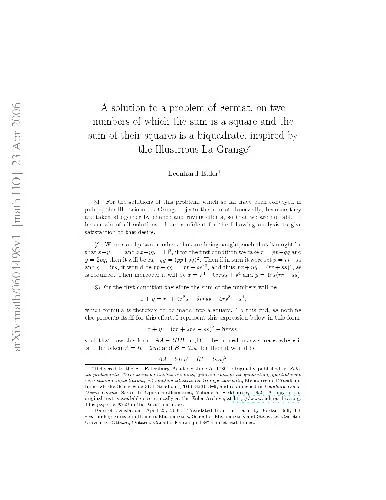 A solution to a problem of Fermat, on two numbers of which the sum is a square and the sum of their squares is a biquadrate, inspired by the Illustrious La Grange