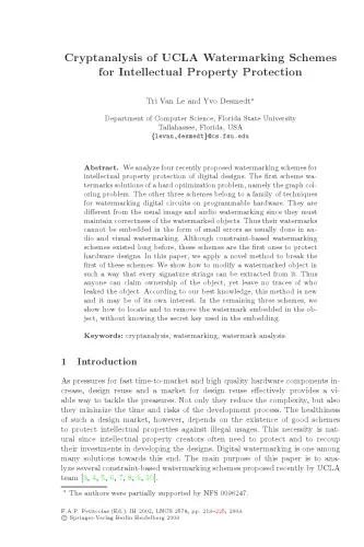 Cover of Cryptanalysis of UCLA Watermarking Schemes for Intellectual Property Protection