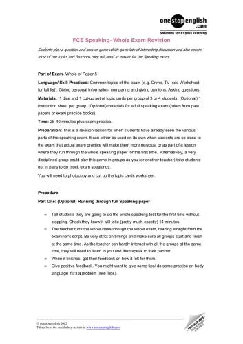 FCE: Speaking Review. Teacher's Notes 1. Whole Exam Revision