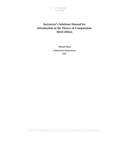 Instructor Solution Manual To Accompany Introduction to the Theory of Computation, Third Edition (Intro Theory Computation, 3rd ed, 3e, Solutions)