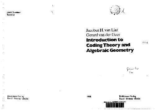 Introduction To Coding Theory And Algebraic Geometry