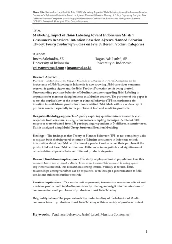 Marketing Impact of Halal Labeling toward Indonesian Muslim Consumer’s Behavioral Intention Based on Ajzen’s Planned Behavior Theory: Policy Capturing Studies on Five Different Product Categories