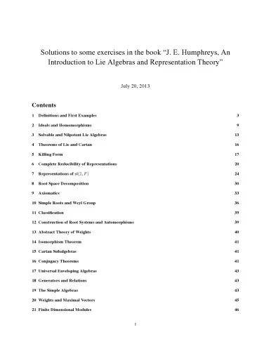 Solutions to some exercises in the book "J. E. Humphreys, An Introduction to Lie Algebras and Representation Theory"